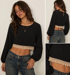 Boho Crochet Lace Hem Crop Blouse Black Balloon Sleeve Top S